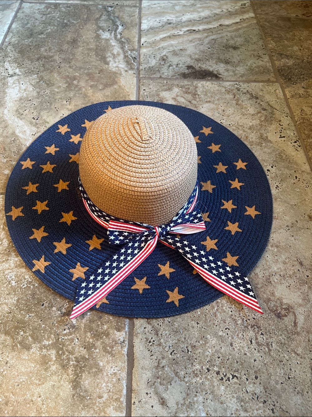 Woven Straw Sun Hat with Navy Star Brim and Patriotic Ribbon